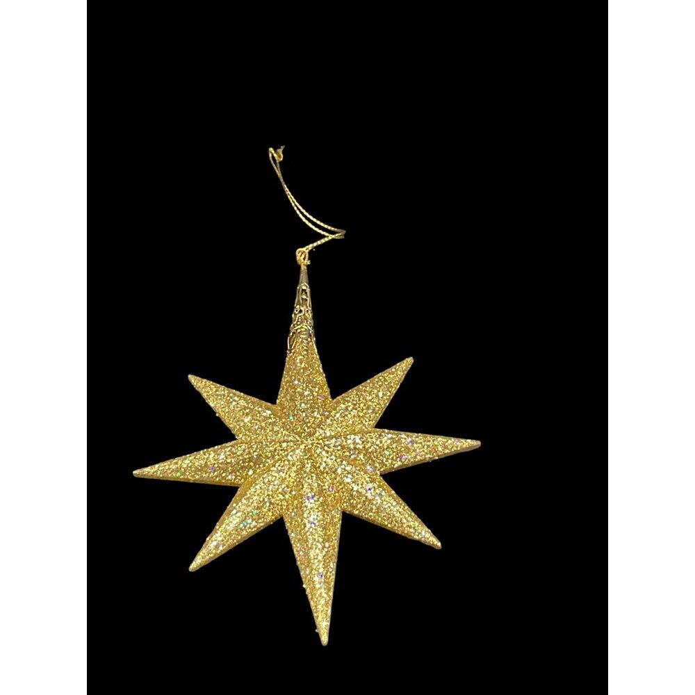 Vintage Gold Glitter 8 Point Star Christmas Tree Ornament 6” - Picture 3 of 5